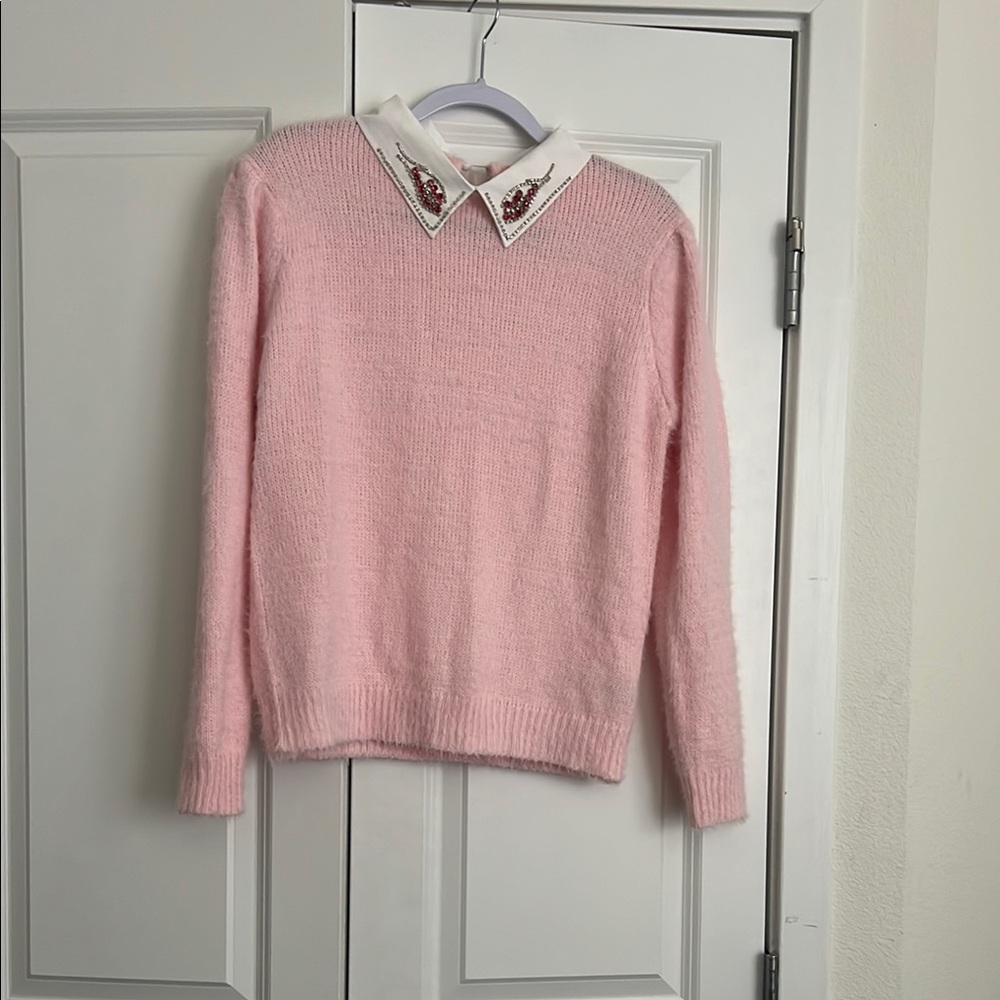 Pink Women's Sweater with Embellishment Collar
